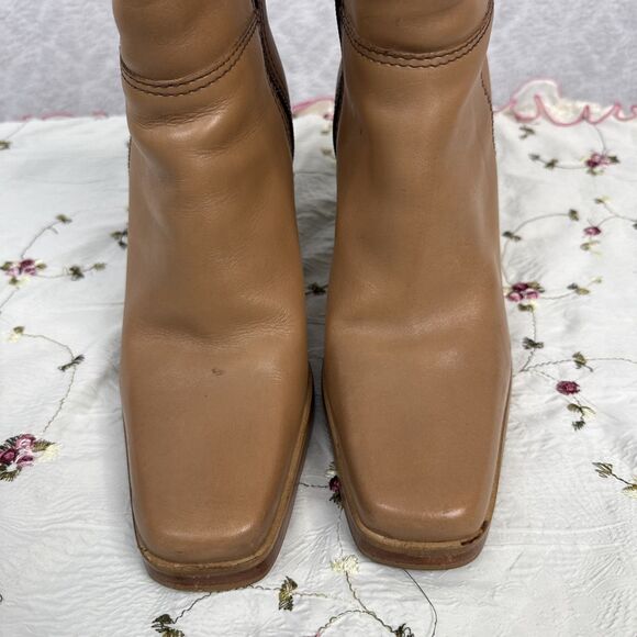 Vtg Candies Leather Boots Womens 8.5 Tan Chunky Heel Square Toe Mid Calf 90s Y2K - Picture 3 of 11